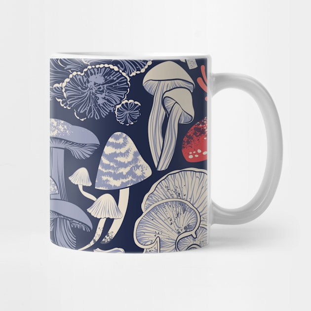 Mystical fungi // midnight blue background ivory pale blue coral and red wild mushrooms by SelmaCardoso